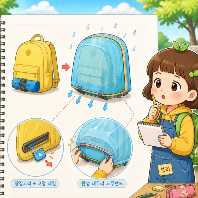 발명 공방 완성 그림: 당김고리와 고정 레일, 탄성 테두리 고무밴드를 더한 책가방 커버
