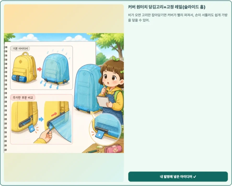 발명 공방 새 아이디어 화면: 커버 원터치 당김고리와 고정 레일 힌트를 내 발명에 넣은 모습