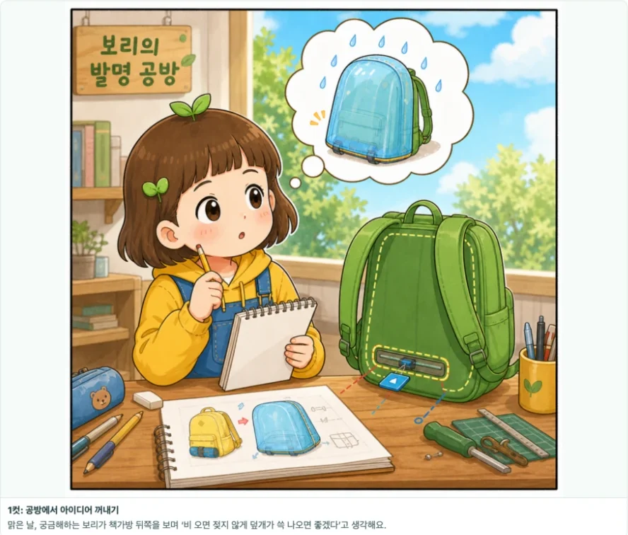 발명 공방 웹툰 1컷: 보리가 비 오는 날 책가방 커버를 떠올리는 장면
